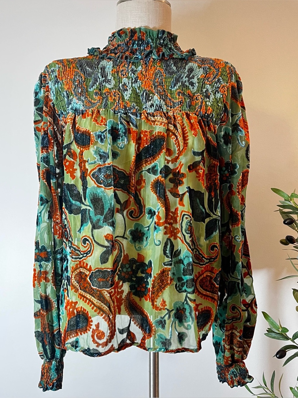 THML Sheer Green Velvet Burnout Paisley Smocked Neck Blouse